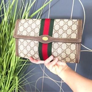Gucci authentic brown monogram coated canvas clutch bag red and green ribbons